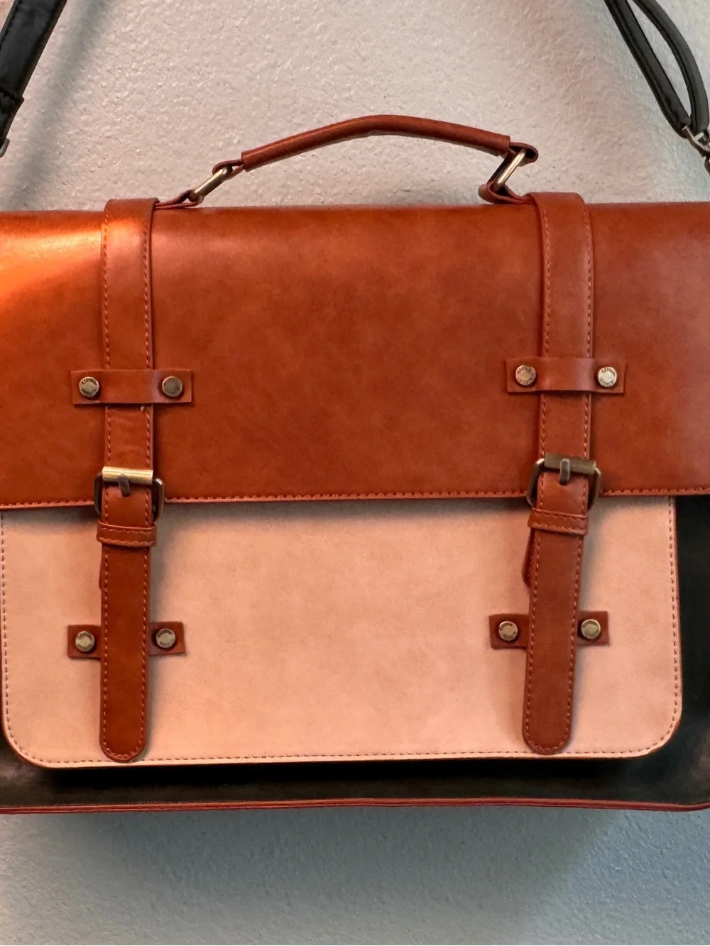 Three-Tone Chestnut Brown, Cream and Forest Green Leather Briefcase